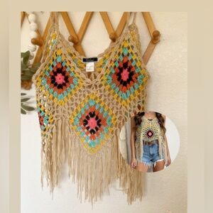 Vivvid Boho Crochet Granny Square Fringe Crop Top Multicolor Floral Tassels boho